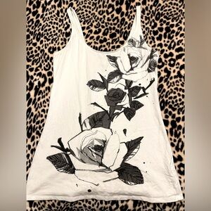 Express White Tank Top Size Medium Black Roses Floral Flirty Summer Stretchy